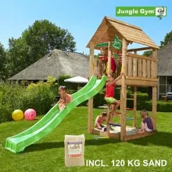 Jungle Gym Cabin Legetårn Komplet, Inkl. 120 Kg Sand Og Grøn Rutschebane - 804-283SG
