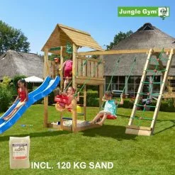 Jungle Gym Cabin Legetårn Komplet Inkl. Climb Module Xtra, 120 Kg Sand Og Blå Rutschebane - 804-283CXSB