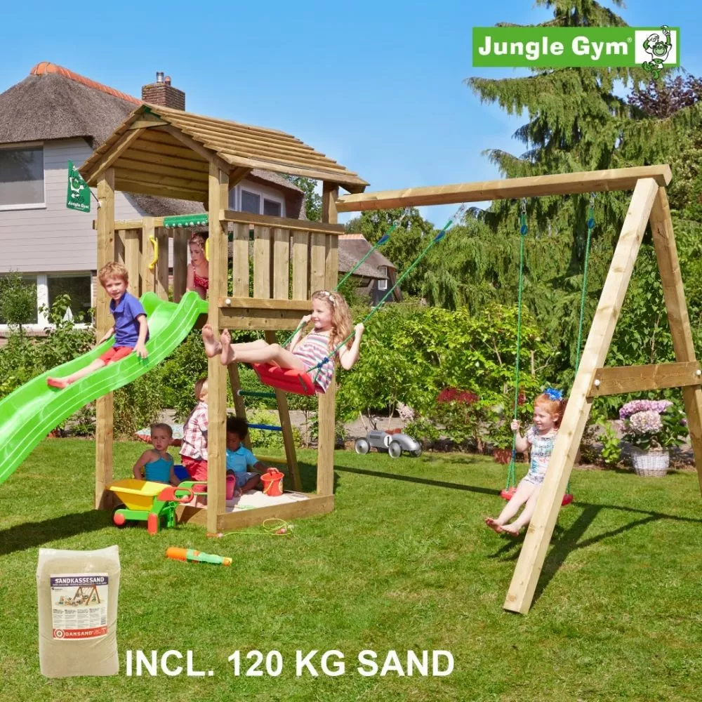 Jungle Gym Cottage Legetårn Komplet Inkl. Swing Module Xtra, 120 Kg Sand Og Grøn Rutschebane - 804-270SXSG 3 Jungle Gym Cottage Legetårn Komplet Inkl. Swing Module Xtra, 120 Kg Sand Og Grøn Rutschebane - 804-270SXSG
