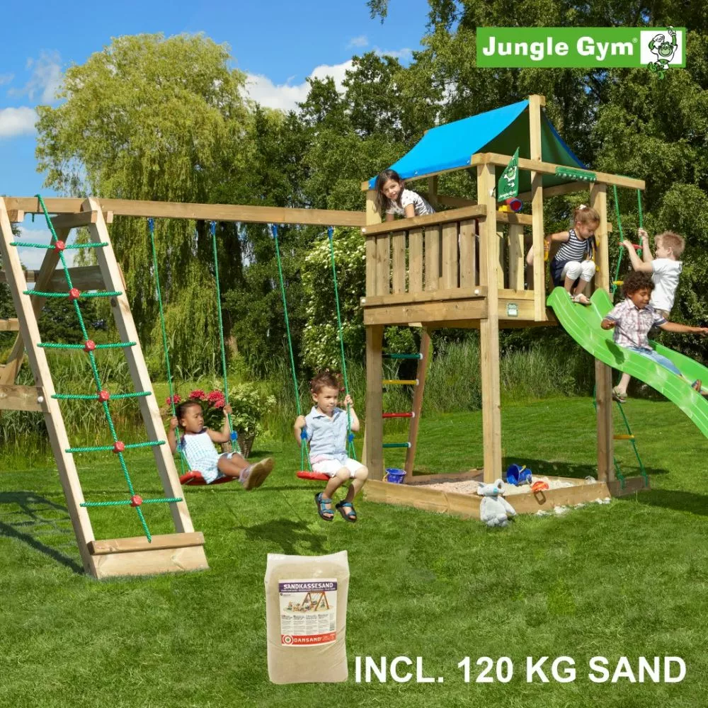 Jungle Gym Lodge Legetårn Komplet Inkl. Climb Module Xtra, 120 Kg Sand Og Grøn Rutschebane - 804-274CXSG 3 Jungle Gym Lodge Legetårn Komplet Inkl. Climb Module Xtra, 120 Kg Sand Og Grøn Rutschebane - 804-274CXSG