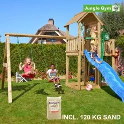 Jungle Gym Mansion Legetårn Komplet Inkl. Swing Module Xtra, 120 Kg Sand Og Blå Rutschebane - 804-267SXSB