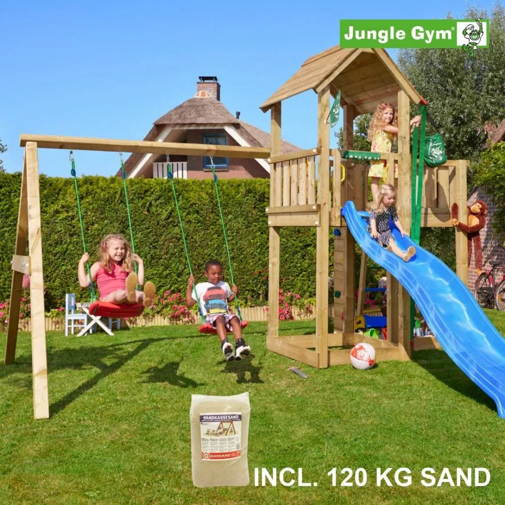 Jungle Gym Mansion Legetårn Komplet Inkl. Swing Module Xtra, 120 Kg Sand Og Blå Rutschebane - 804-267SXSB 3 Jungle Gym Mansion Legetårn Komplet Inkl. Swing Module Xtra, 120 Kg Sand Og Blå Rutschebane - 804-267SXSB