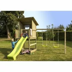 Plus A/S Plus Play Legetårn M/skråt Tag Trykimprægneret Inkl. Gyngestativ Grøn Rutsjebane Og Gyngesæder 185280-2